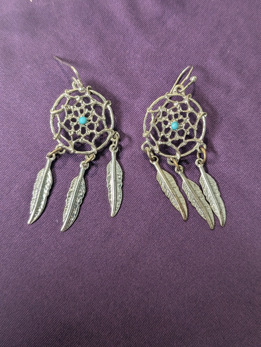 Silver-Tone Dreamcatcher Feather Earrings with Turquoise Accent